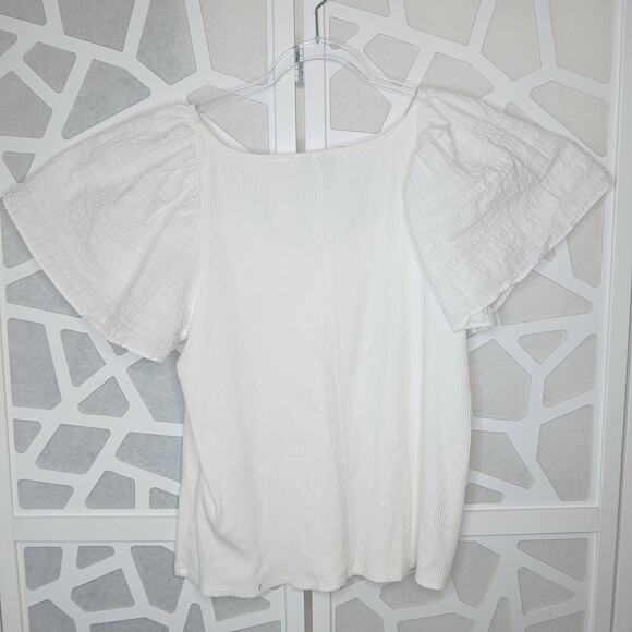 Ava & Viv White Puff Sleeve Ribbed Top Womens 1X Vacation Minimalist Coastal - Picture 6 of 9